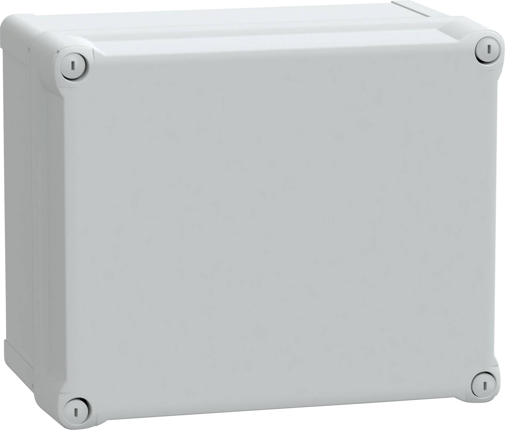 Een grijze, rechthoekige industriële behuizingsbox met zichtbare schroefgaten in elke hoek voor bevestiging en montage.
