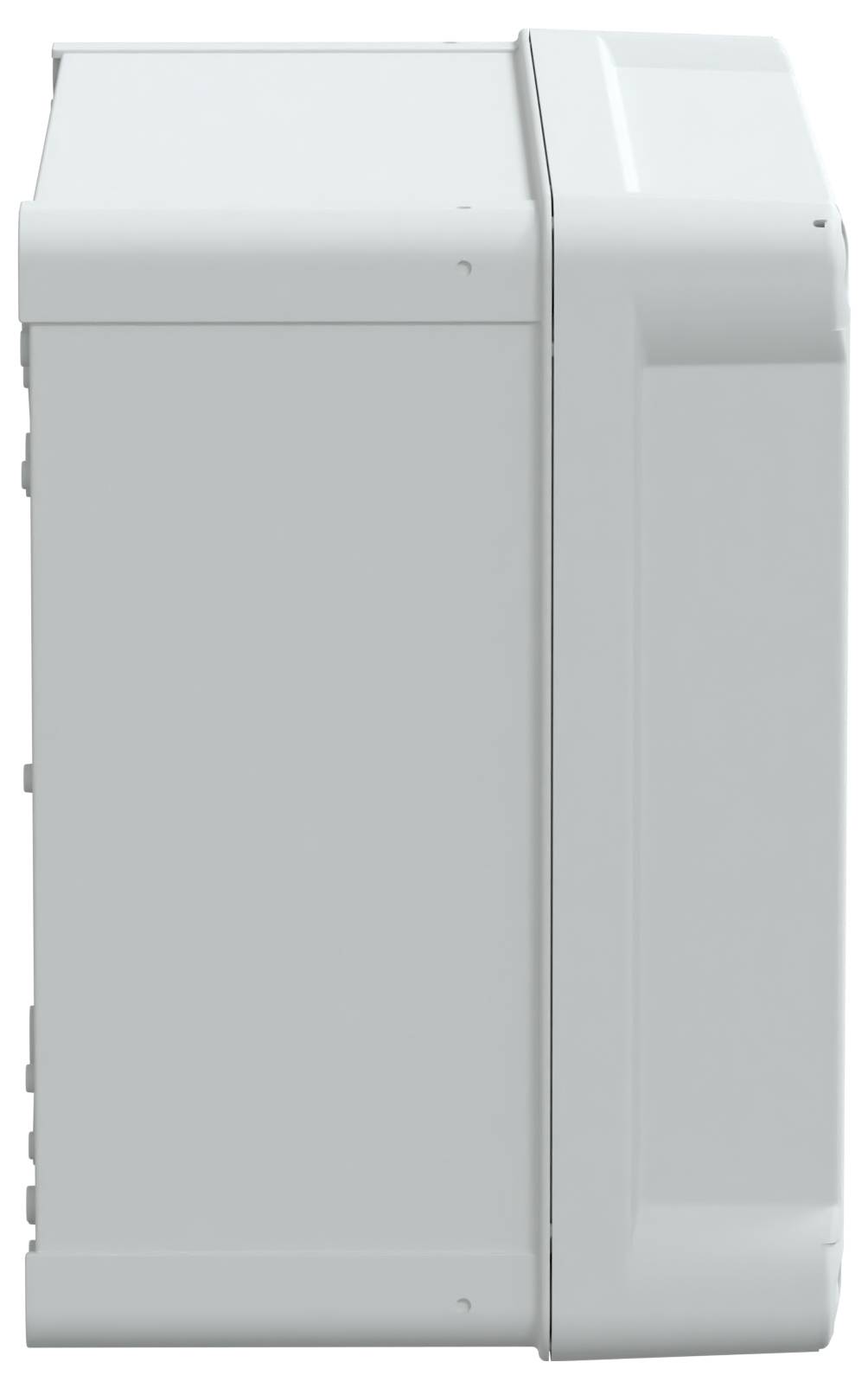 Een groot wit apparaat gezien vanuit de zijkant, met een rechthoekige vorm met gladde oppervlakken en minimale details.