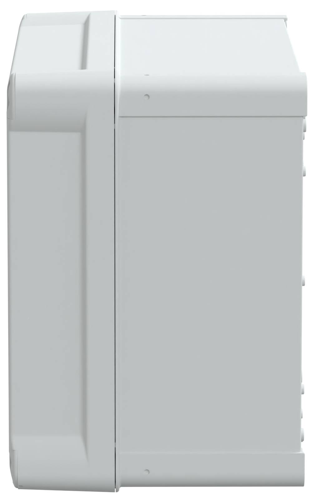 Een witte rechthoekige airconditioningunit gezien vanaf de zijkant, met zichtbare roosters en bedieningspaneel, geplaatst tegen een neutrale achtergrond.