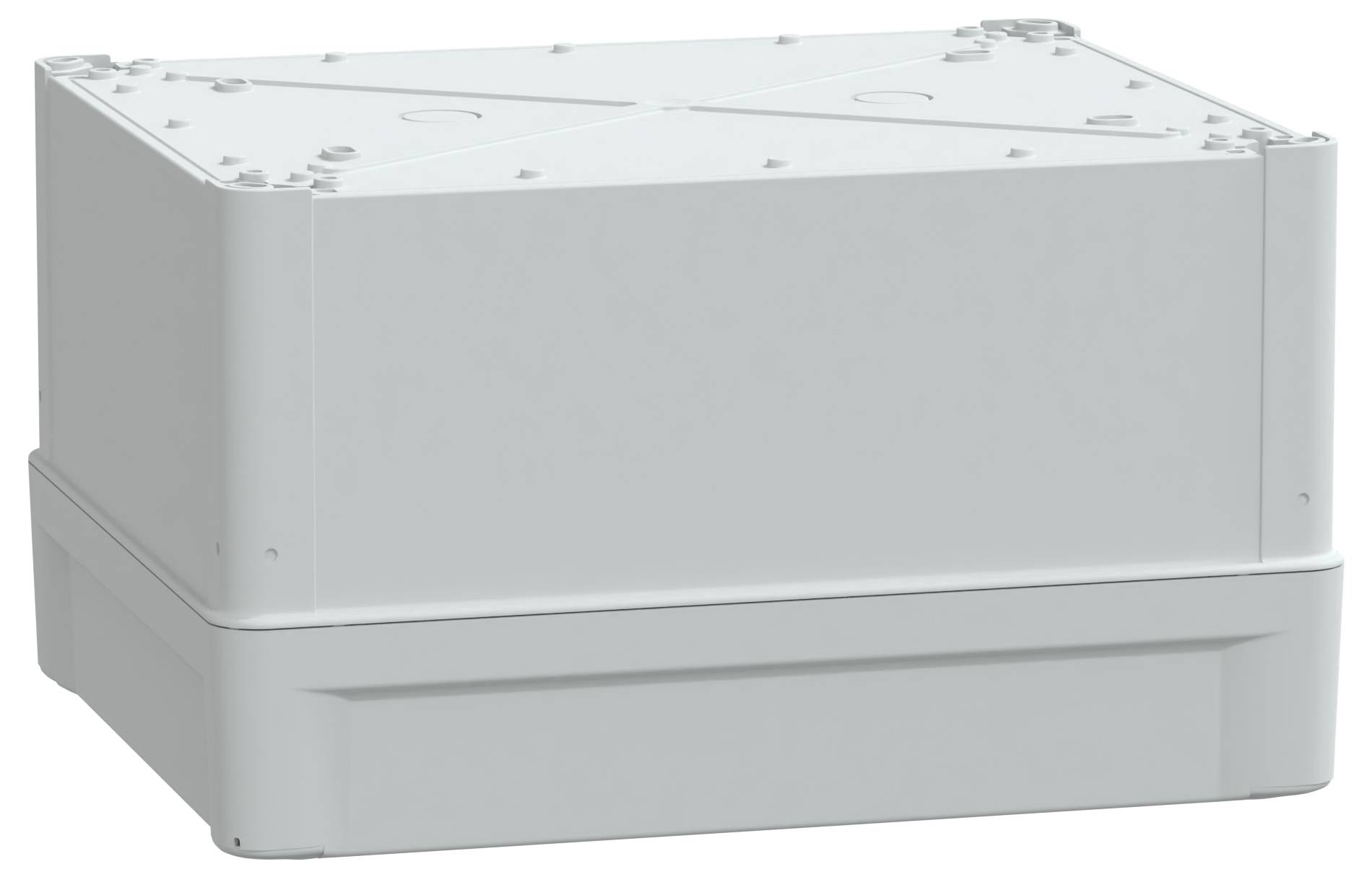 Een rechthoekige witte elektrische verdeeldoos met een platte bovenkant en afgeronde hoeken, ontworpen voor het veilig behuizen van elektrische aansluitingen.