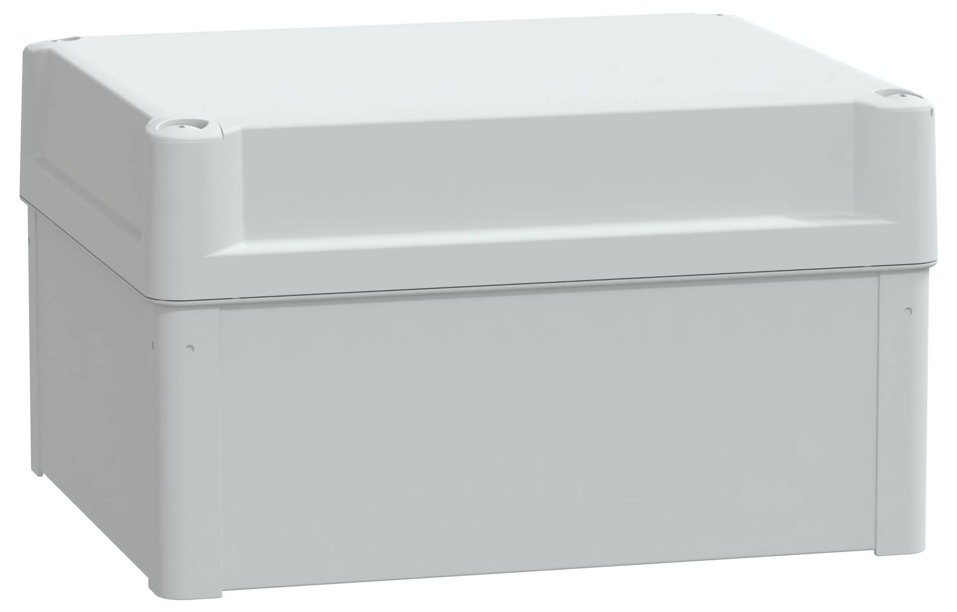 Een grijze rechthoekige elektronische behuizingsdoos met een platte deksel en afgeronde hoeken, gebruikt voor het huisvesten van elektrische componenten.