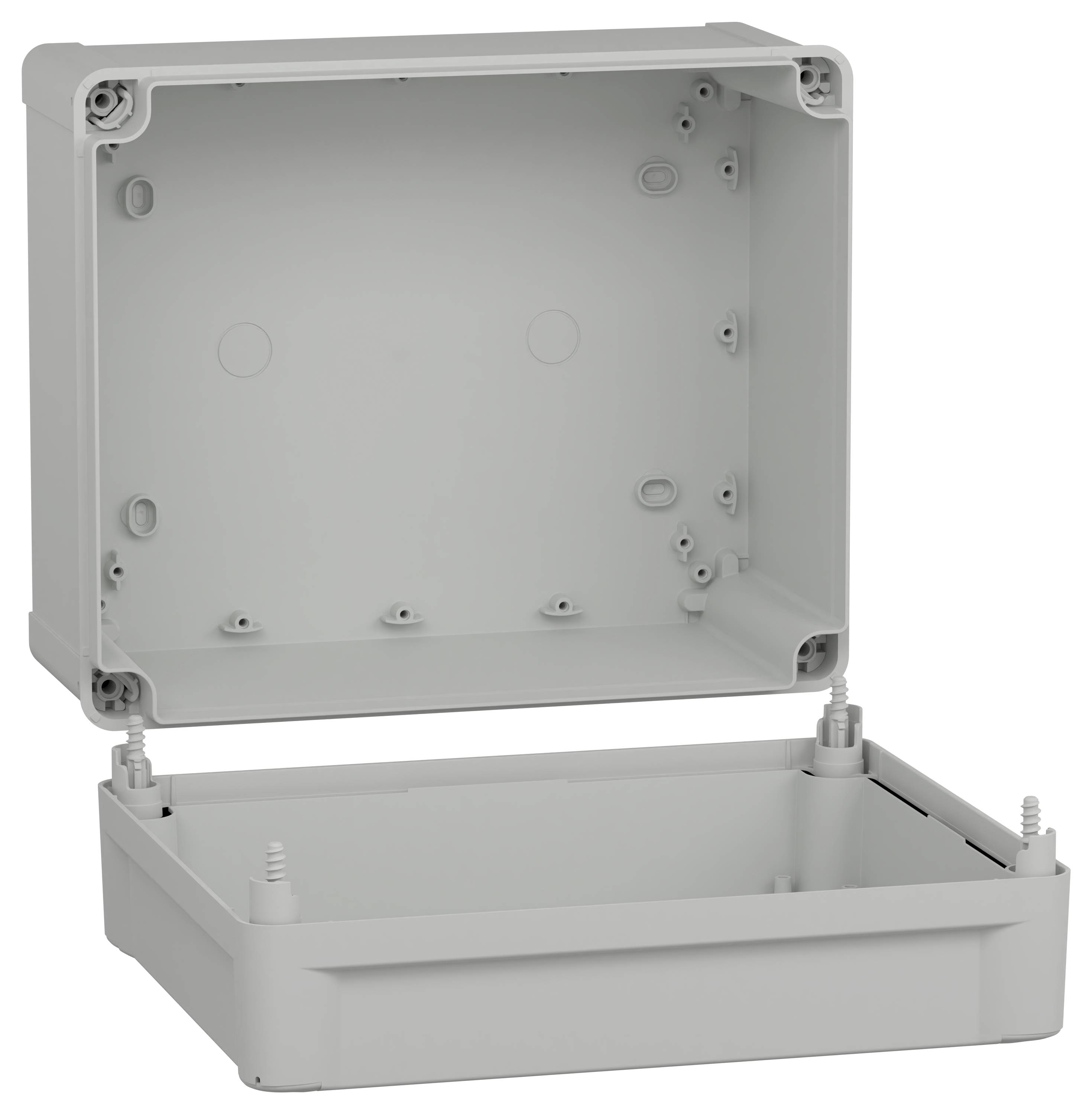 Een open grijze kunststof behuizing, die de rechthoekige binnenkant en vier hoekvormige schroeven laat zien, ontworpen voor de bescherming van elektronische componenten.