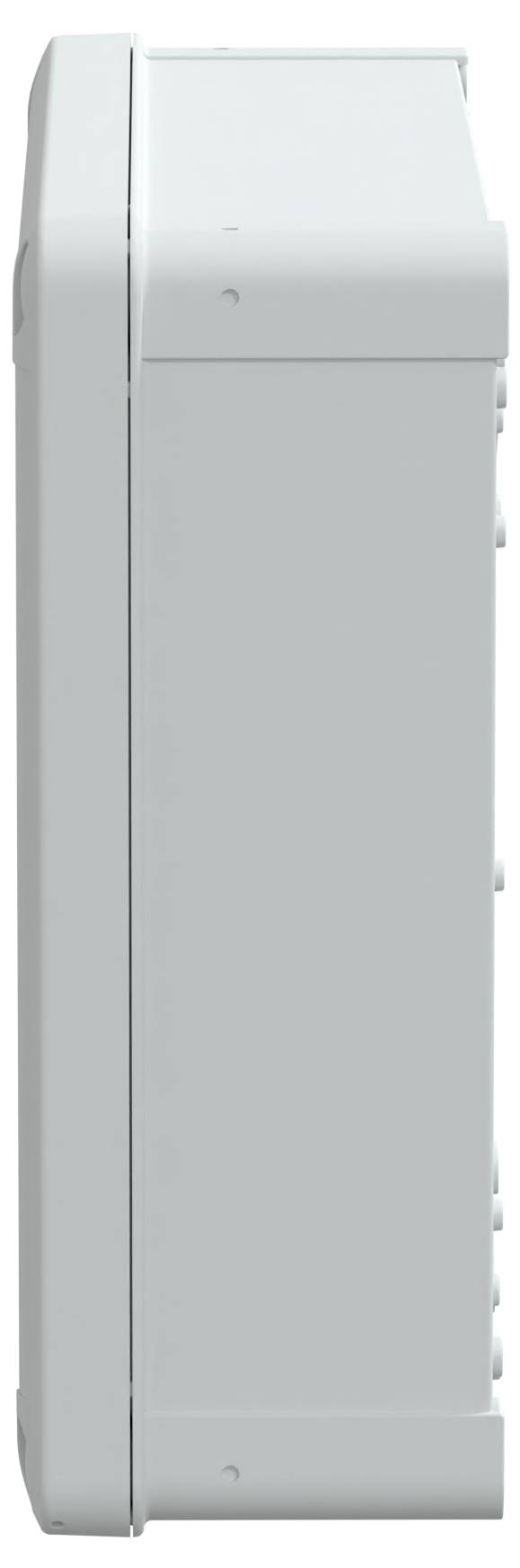 Zijaanzicht van een wit, rechthoekig elektronisch apparaat of toestel met zichtbare knoppen en een strak design.