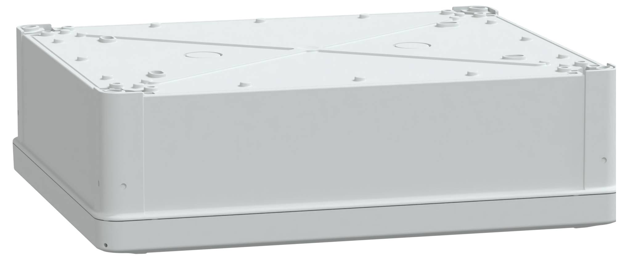 Een rechthoekige, witte, industriële behuizing met meerdere schroeven op het bovenvlak, ontworpen voor het onderbrengen van elektronische componenten.