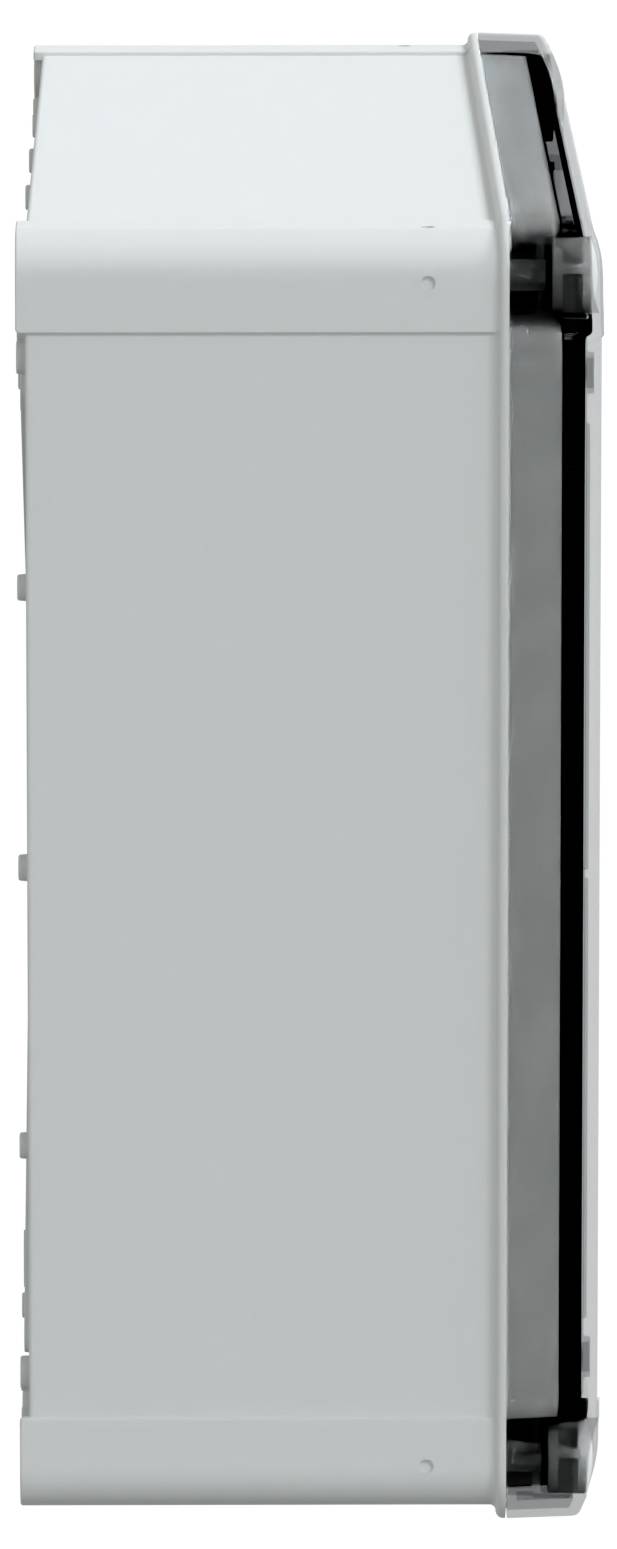 Zijaanzicht van een wit rechthoekig elektronisch apparaat met een donker zijpaneel, ontworpen voor modern thuis- of kantoorgebruik, met een strak profiel.