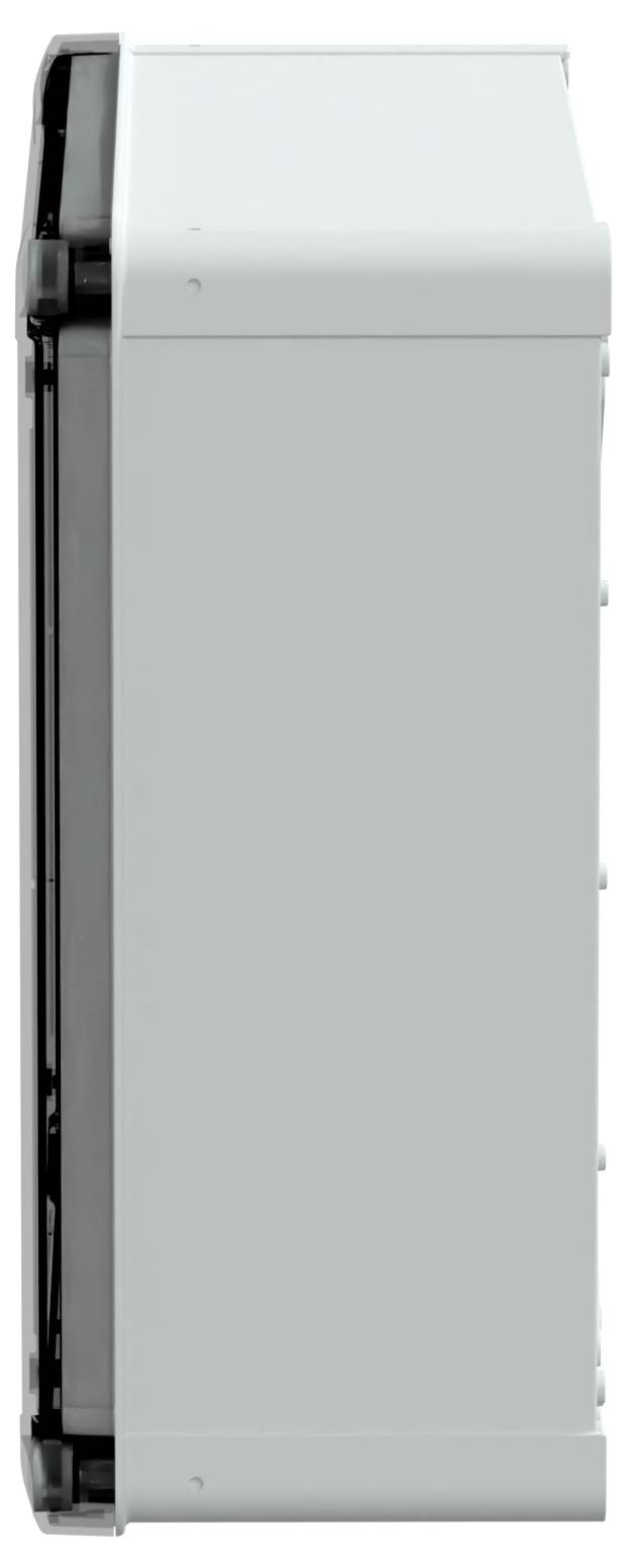 Zijaanzicht van een grote, rechthoekige, grijze airconditioningunit, met een strak, modern design.