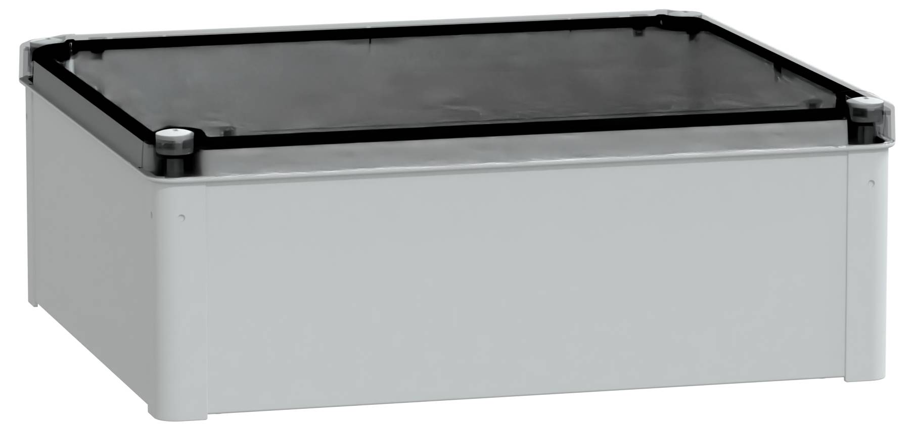 Een rechthoekige, zwart-getopte, wit-zijdige plastic doos met afgeronde hoeken, die stevig en utilitair oogt.