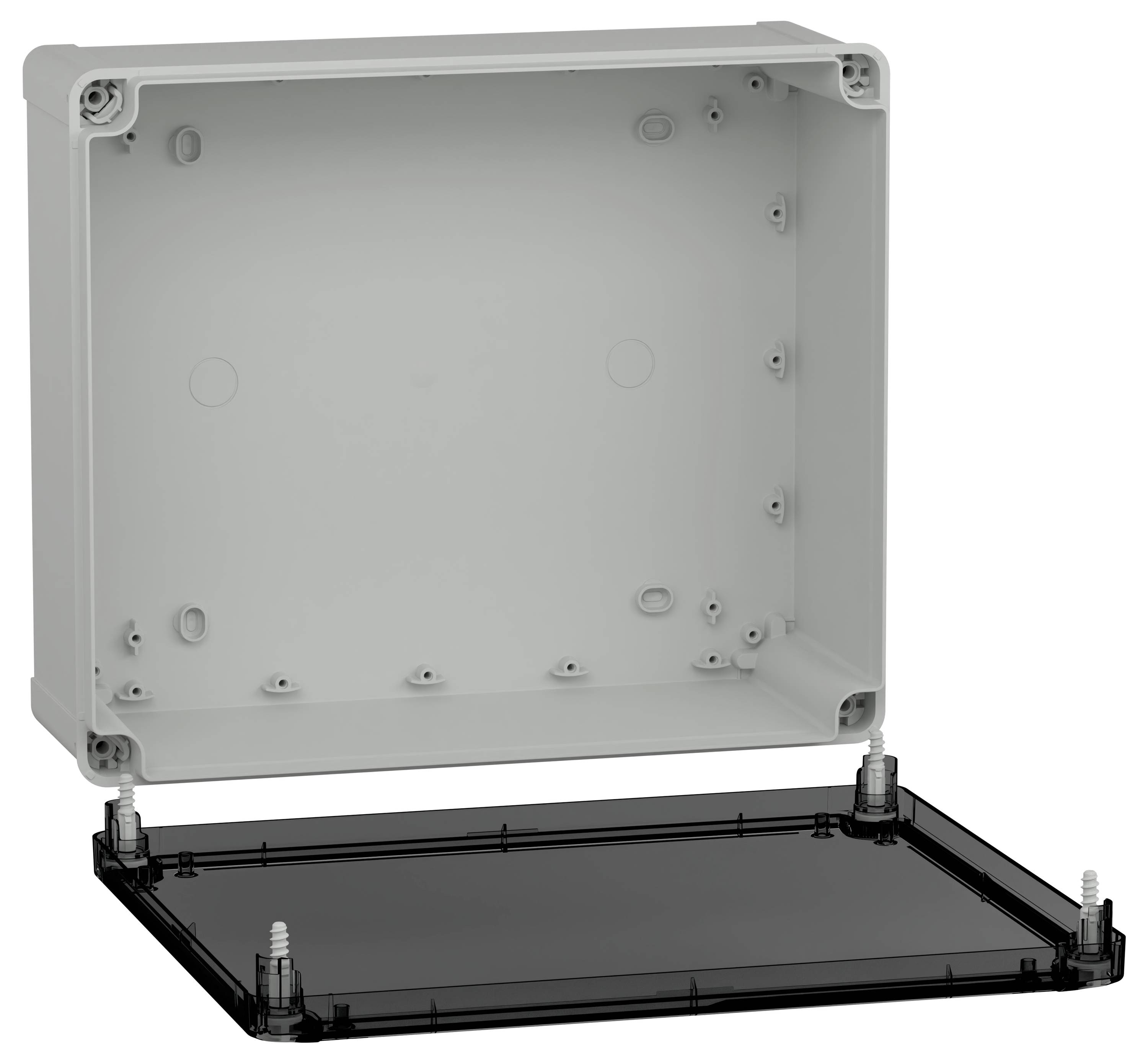 Een grijze en zwarte rechthoekige elektrische behuizing met een open, losgemaakte deksel, waarbij de interne montagegaten en schroefposities zichtbaar zijn.