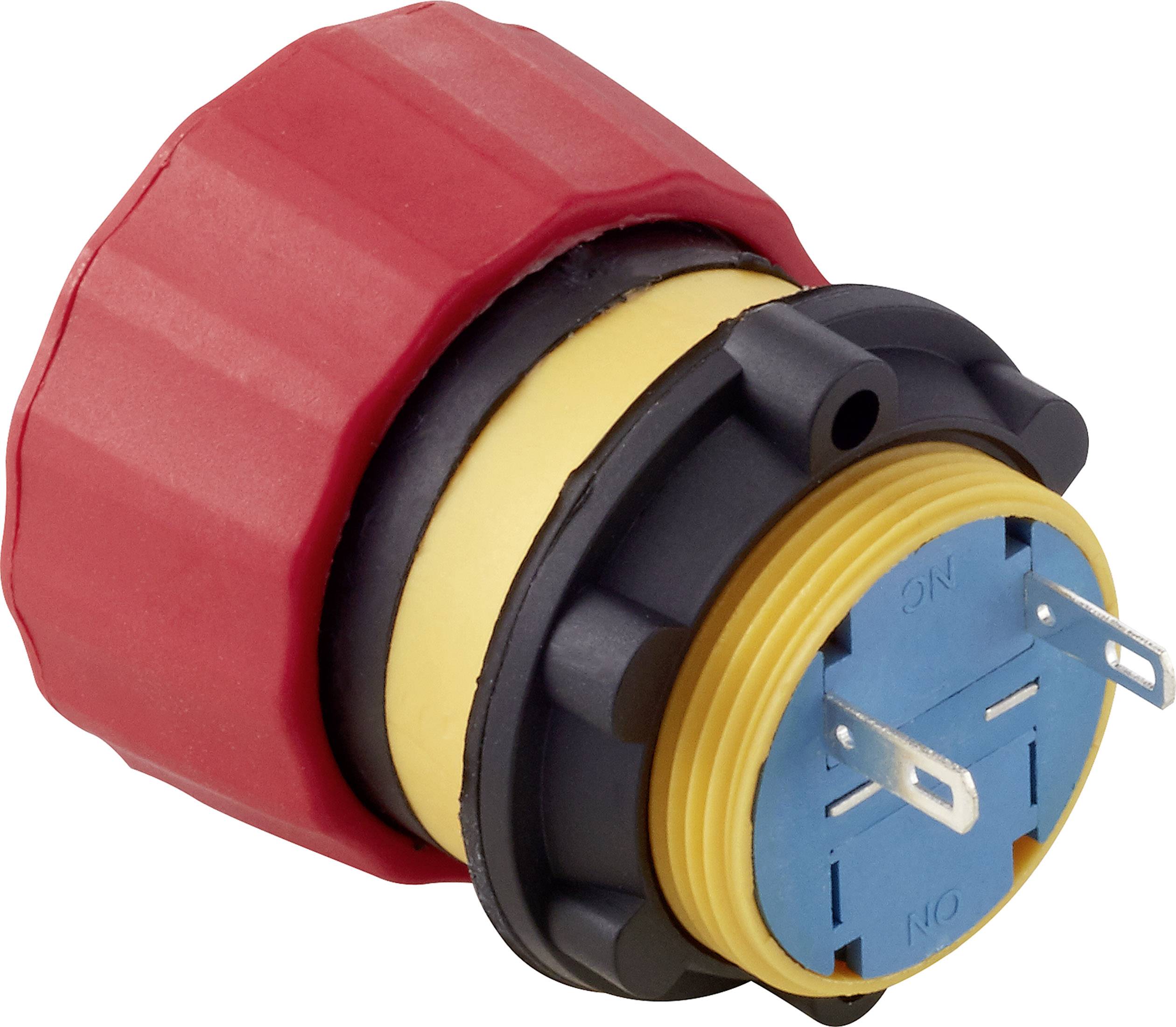 Een rood, cirkelvormig elektrisch aansluitingsbehuizing met een blauwe, stekker-zijdige basis en metalen elementen.