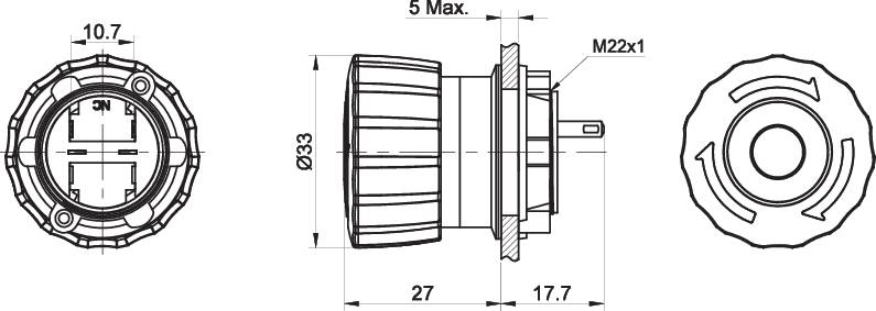 Technische tekening toont verschillende aanzichten van een knop met afmetingen. Vooraanzicht, zijaanzicht en bovenaanzicht zijn weergegeven.