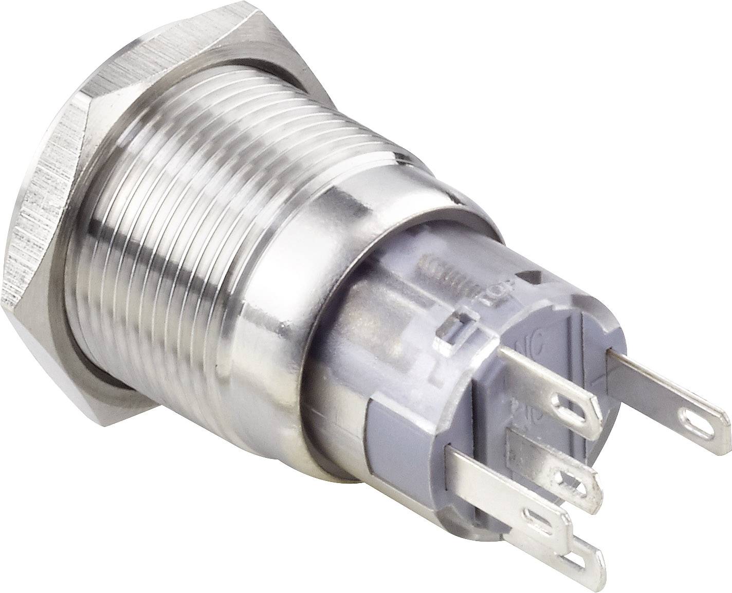 Metalen drukknop, zijaanzicht, met zeskantmoer en meerdere elektrische contacten.