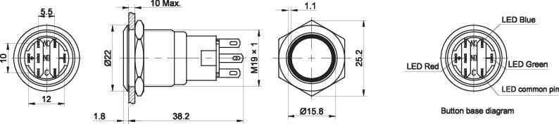 Technische tekening van een elektrische connector; toont verschillende aanzichten en nauwkeurige afmetingen voor de fabricage.