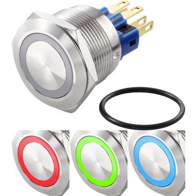 Een metalen drukknop in drie kleurvarianten: rood, groen en blauw. Ernaast ligt een zwarte afdichtingsring.