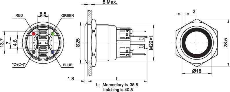 Technische tekening van een ronde stekker met afmetingen en detailaanzichten van voren, opzij en van boven. Maten en details aangegeven.