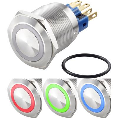 Metalen schakelaar met LED-ring, die in verschillende kleuren oplicht: Rood, Groen, Blauw en Wit. Bevat ook een rubberen afdichtingsring.