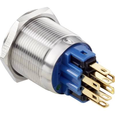 Een cilindrische metalen stekker met blauw isolatiemateriaal en gouden contacten. Geschikt voor elektronische verbindingen.
