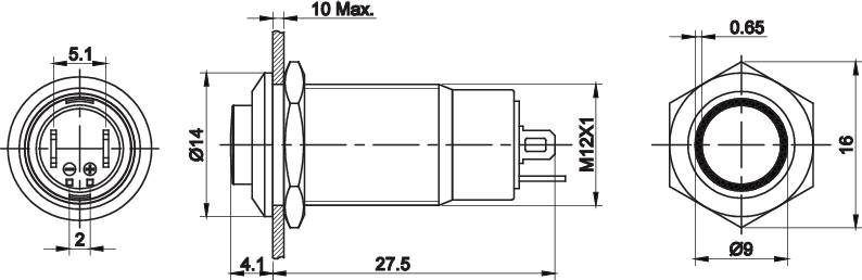 Technische tekening van een cilindrische stekkerverbinding met afmetingen en aanzichten van voren, opzij en achterzijde.