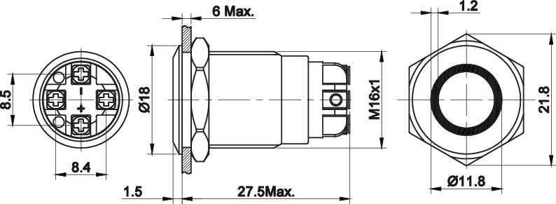 Technische tekening van een elektrisch onderdeel met voor-, zij- en bovenaanzicht. Afmetingen en schroefdraadformaten zijn weergegeven.
