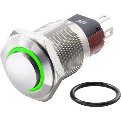 Ronde, metalen drukknop met groene verlichtingsring, 12V-opschrift op de achterkant, naast een zwarte afdichtingsring.