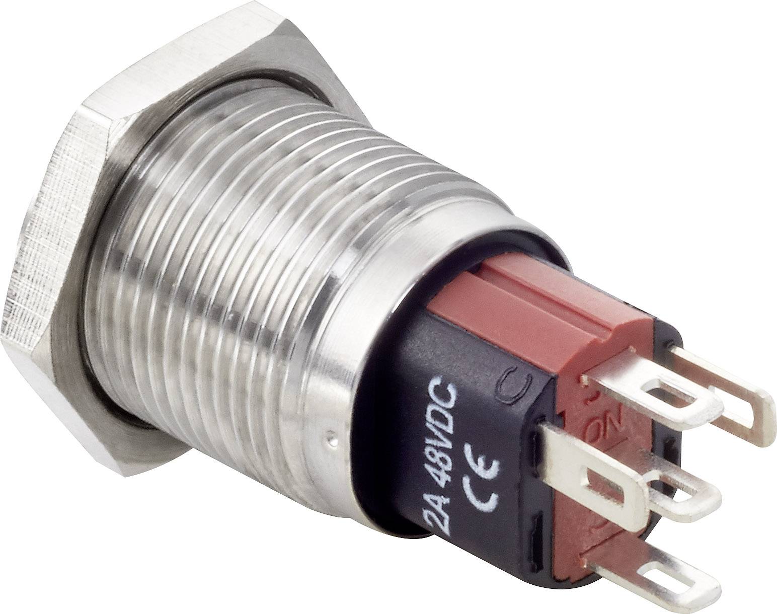 Metalen schakelaar met schroefdraad en rode aansluitcontacten. Gemarkeerd met '2A 48VDC', CE-markering aanwezig.