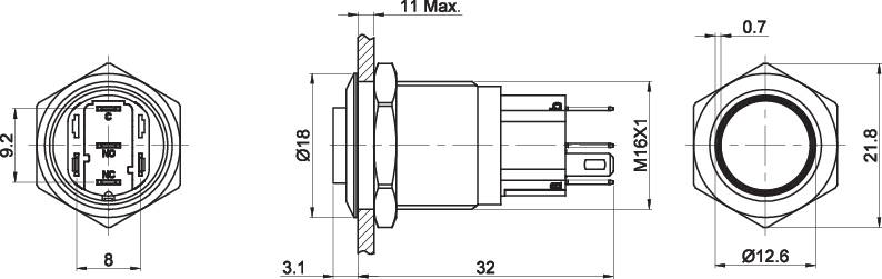 Technische tekening van een zeshoekige connector met gedetailleerde afmetingen in millimeters, toont voor- en zijaanzicht.