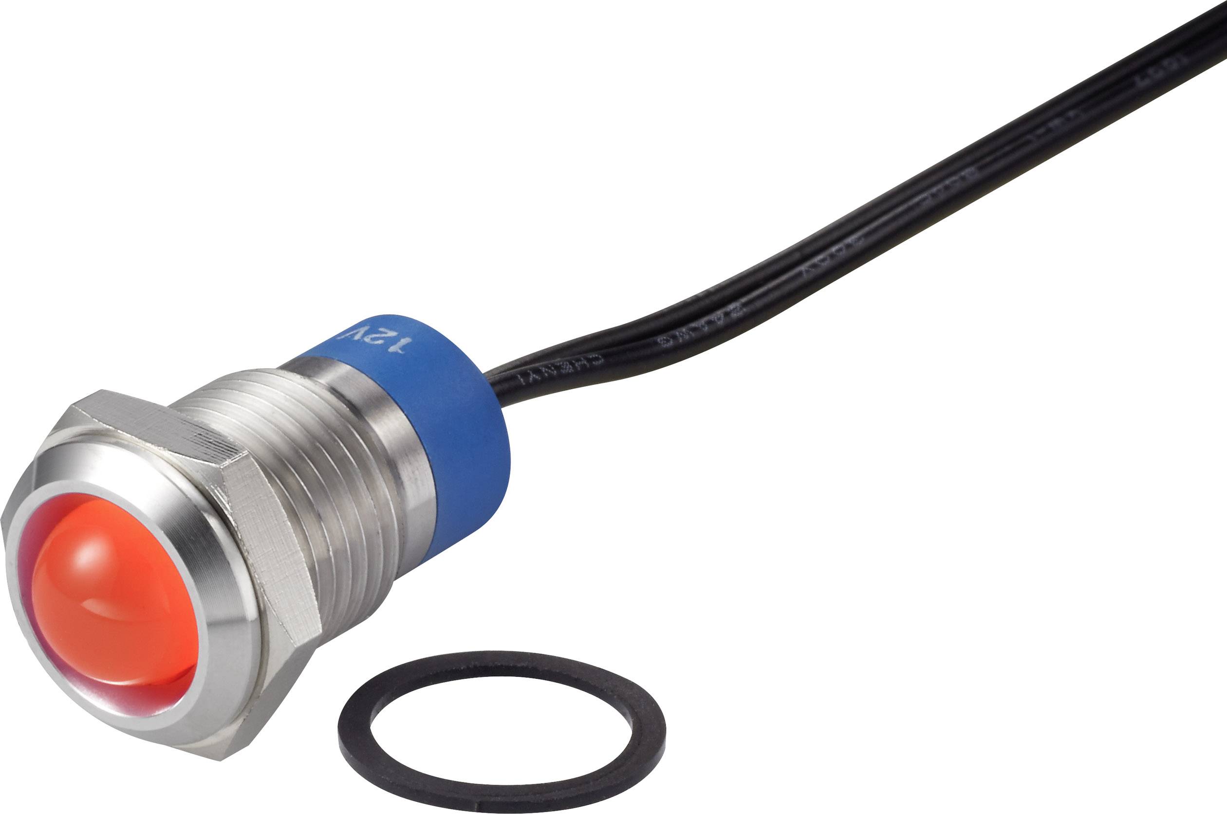Metalen drukknop met rode knop en zwart snoer, naast een zwarte afdichtingsring. Gebruikt voor elektrische schakelingen.