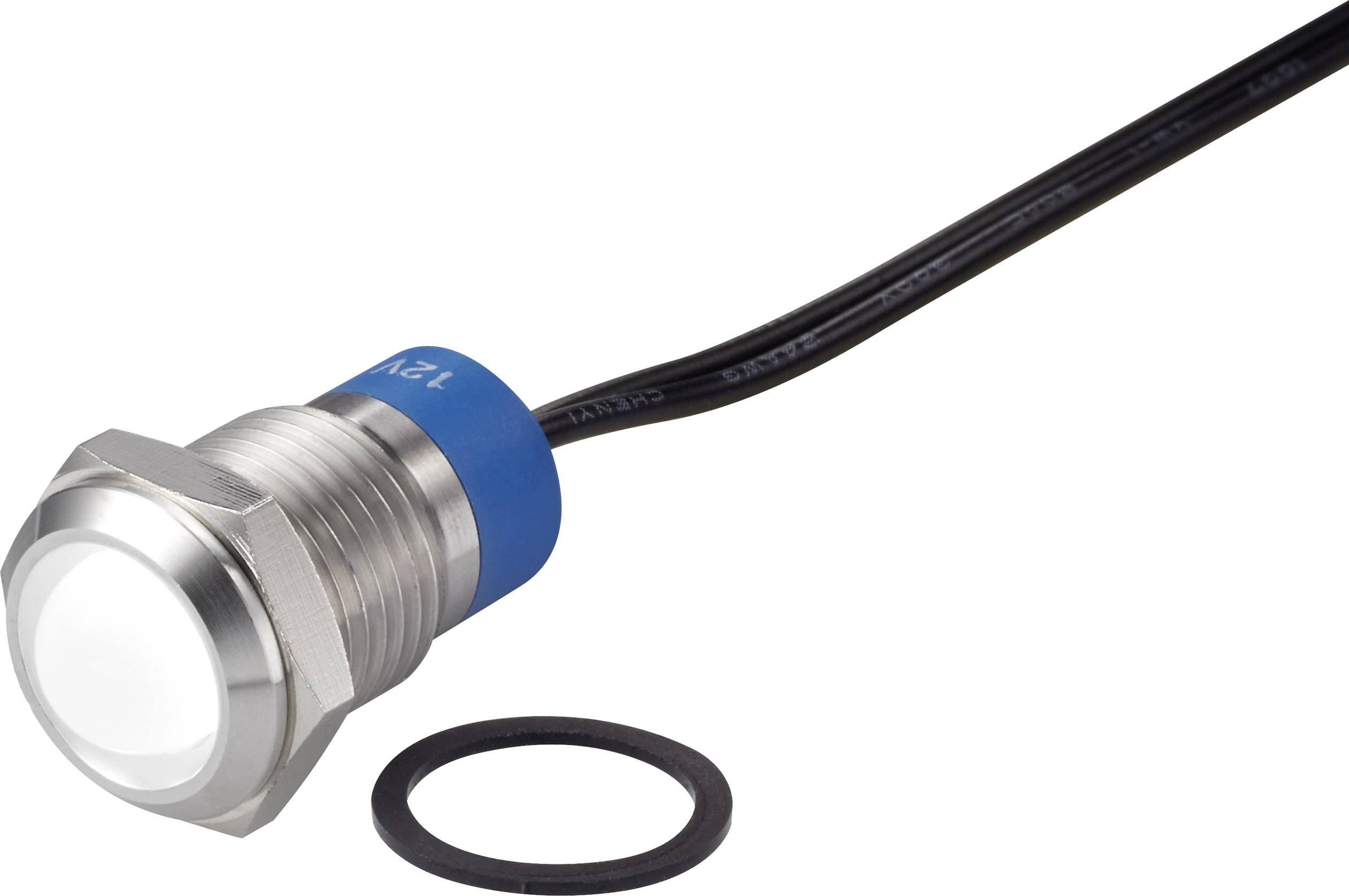 Metalen schakelaar met blauwe voet en kabel, naast een zwarte rubberen ring. Geschikt voor elektronische schakelborden.