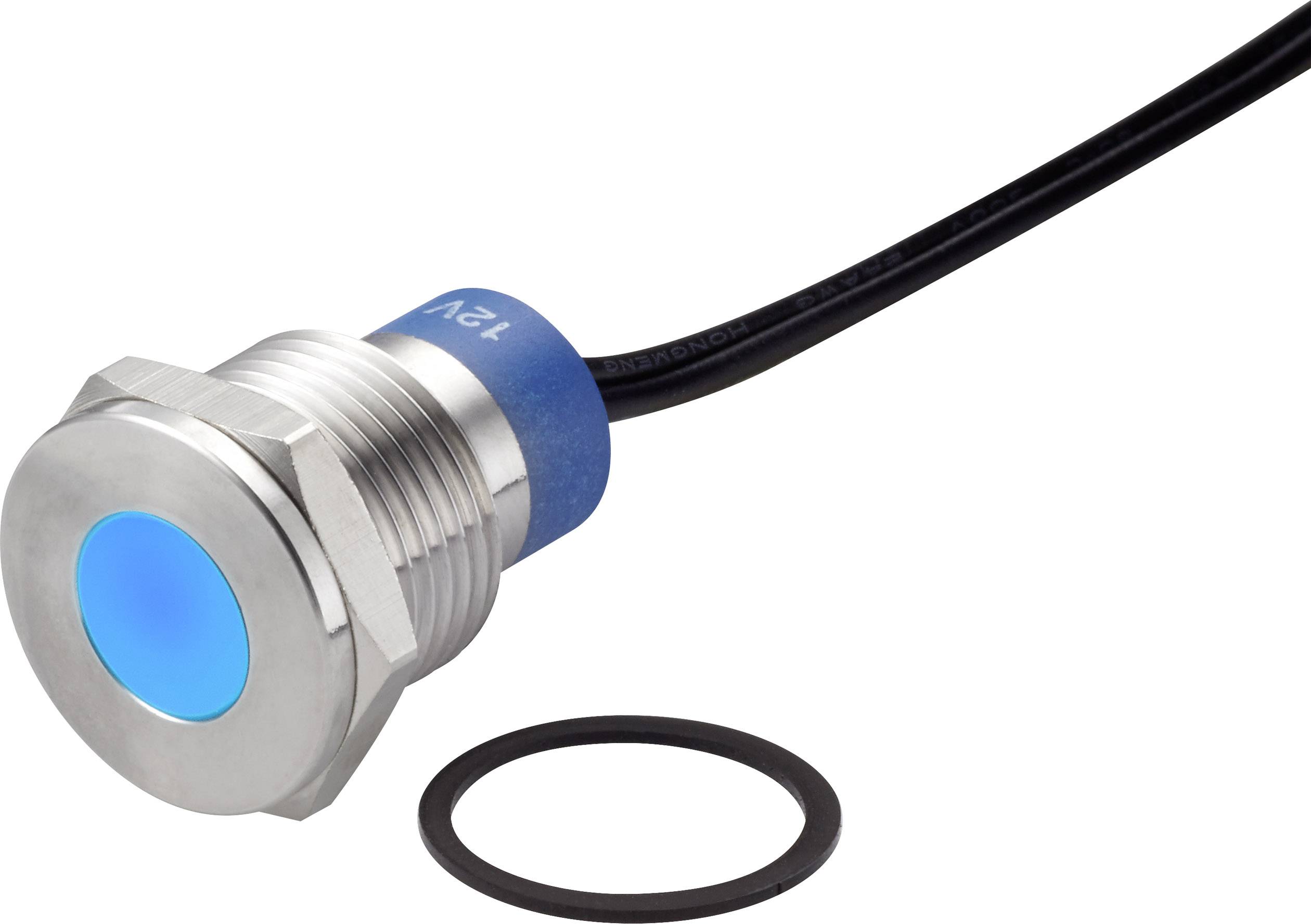 Metalen drukknop met blauw verlicht oppervlak, voorzien van opschrift '12V', naast een zwarte afdichtingsring.