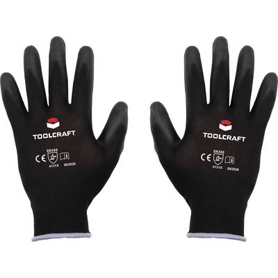 Twee zwarte beschermende handschoenen met witte rand, bedrukt met 'TOOLCRAFT', CE-markering en specifieke standaarden voor beschermende kleding.