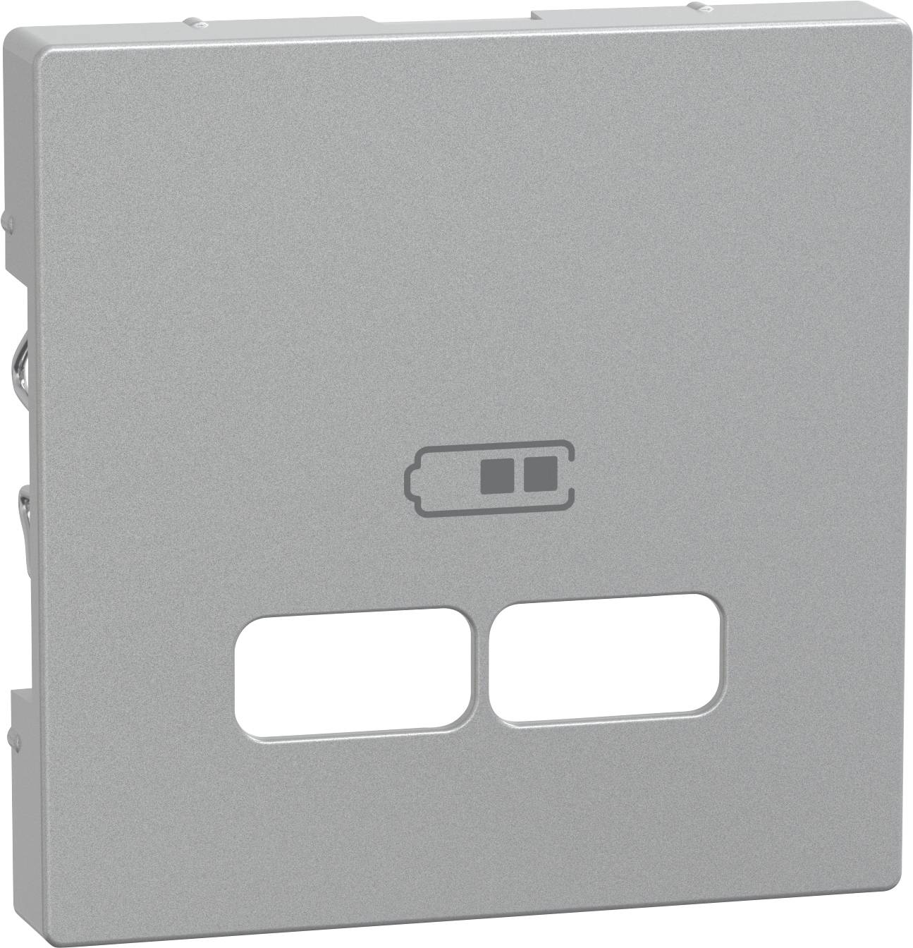 Zilveren stopcontactafdekking met twee uitsparingen en een batterijsymbool in het midden. Geschikt voor het opladen van batterijen.