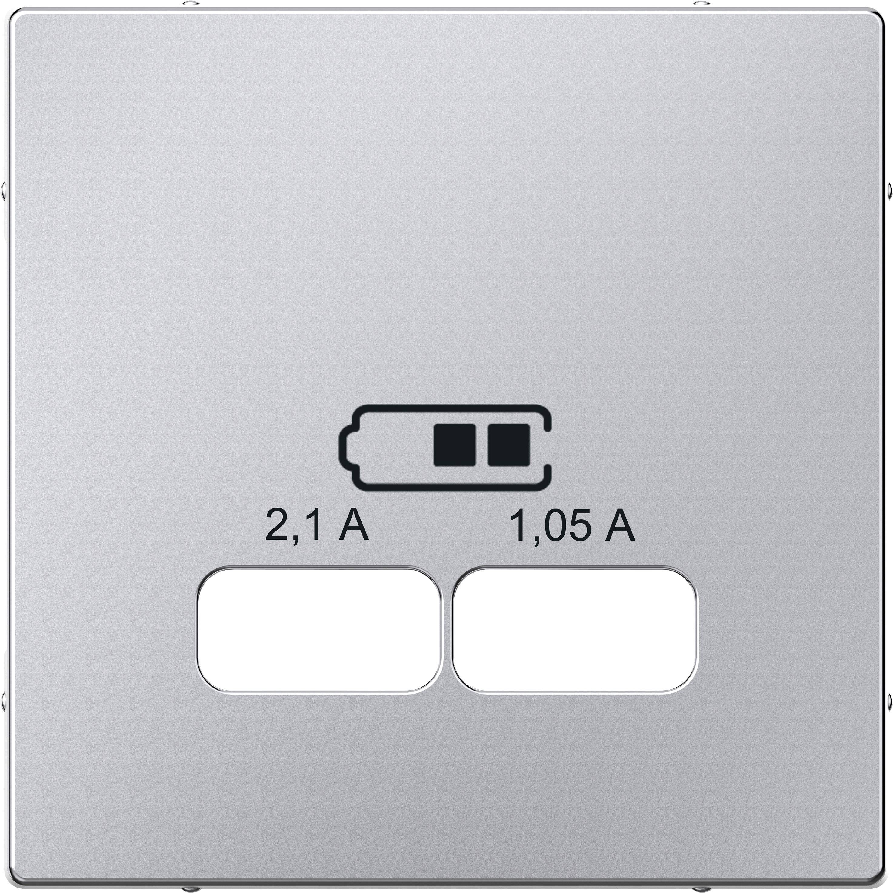 Stroomstopcontact met twee USB-poorten. Links: '2,1 A', rechts: '1,05 A'. Symbool voor laadproces.