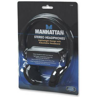 Manhattan Stereo-Koptelefoon in verpakking, licht ontwerp met verstelbare hoofdband, geschikt voor computer en andere apparaten.