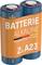 Twee blauwe alkaline-batterijen met oranje verpakking, opschrift: 'Alkaline batterij, German Quality Check, 2x A23'.