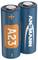 Twee blauwe batterijen met een oranje opdruk 'A23' en merknaam. De batterijen staan verticaal naast elkaar.
