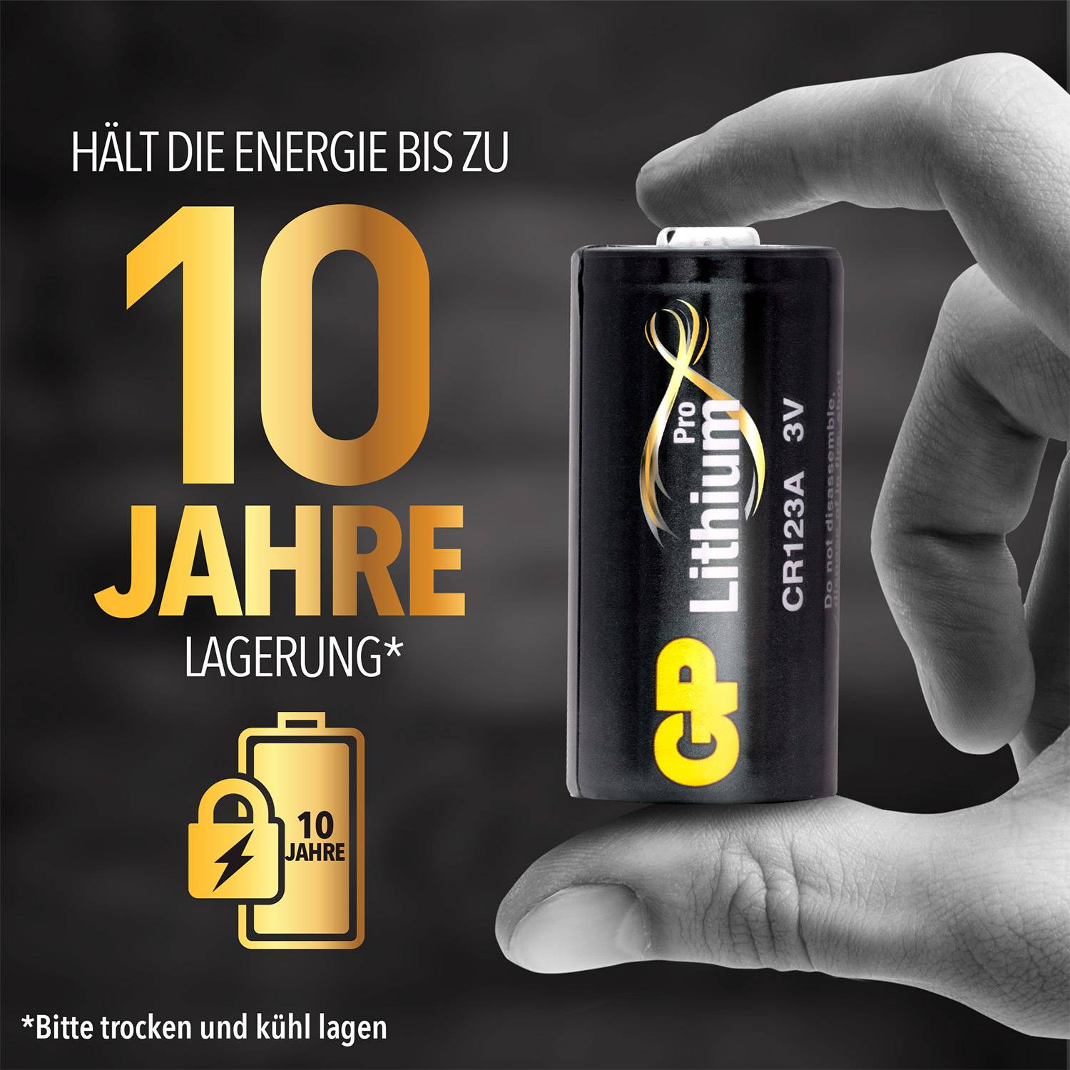 'Lithium-batterij CR123A, blijft tot 10 jaar bruikbaar, symbool van een vergrendelde batterij. Let op: bewaren op een droge en koele plek.'