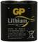 Een zwarte lithiumbatterij van GP met het opschrift 'Lithium Breaks the Limits'. Gemarkeerd met 6V en CR-P2. Aanwijzingen voor veilig gebruik.