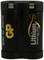 'Zwarte 6V lithiumbatterij met de opdruk "2CR5 6V PHOTO" en "Lithium BREAKS THE LIMITS", geel GP-logo.'