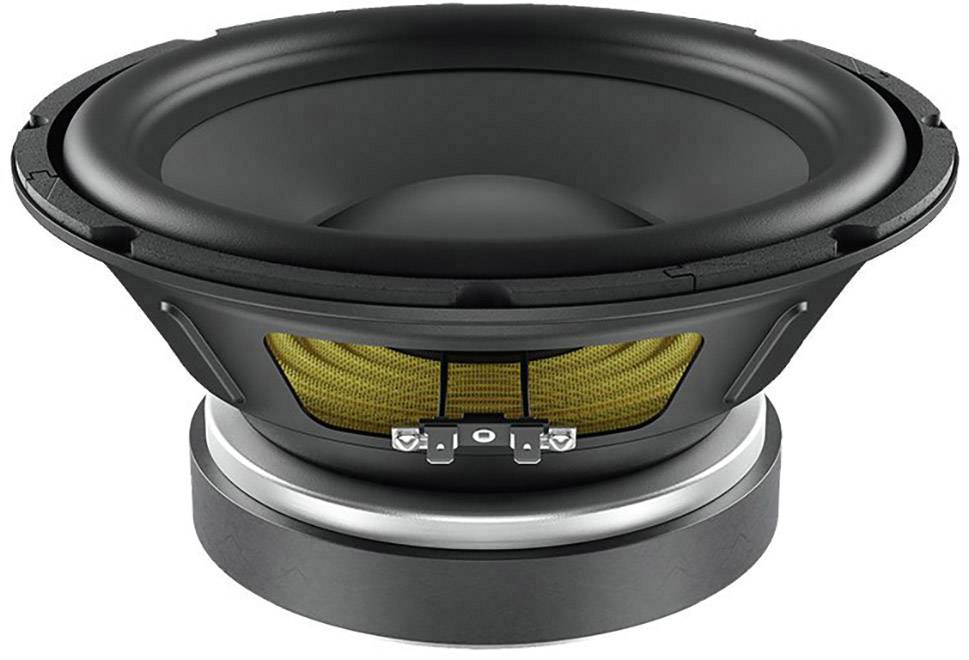 Luidspreker met gele netinzet en zwarte behuizing, gezien vanuit zijaanzicht. Illustreert de constructie van een subwoofer.