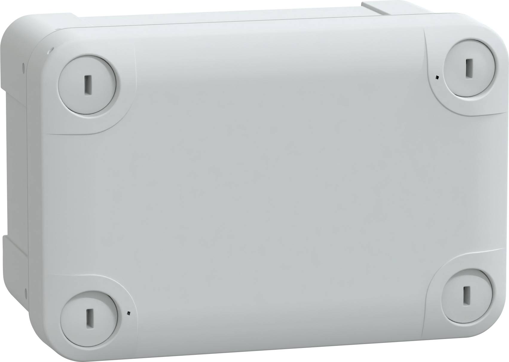 Een rechthoekige, lichtgrijze kunststof behuizing met afgeronde hoeken en vier schroefopeningen in de hoeken. Geschikt voor het herbergen van elektronica.