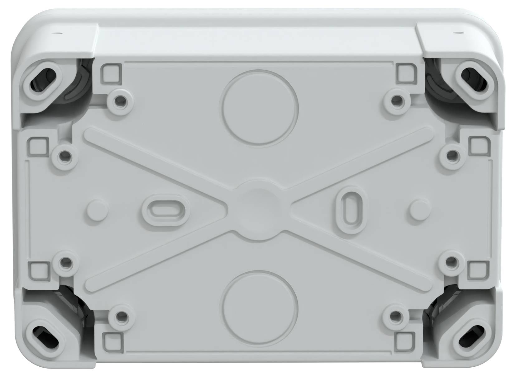 Bovenaanzicht van een grijze, rechthoekige elektrische verdeeldoos met meerdere schroefgaten, ronde verdiepingen en hoekbeugels.