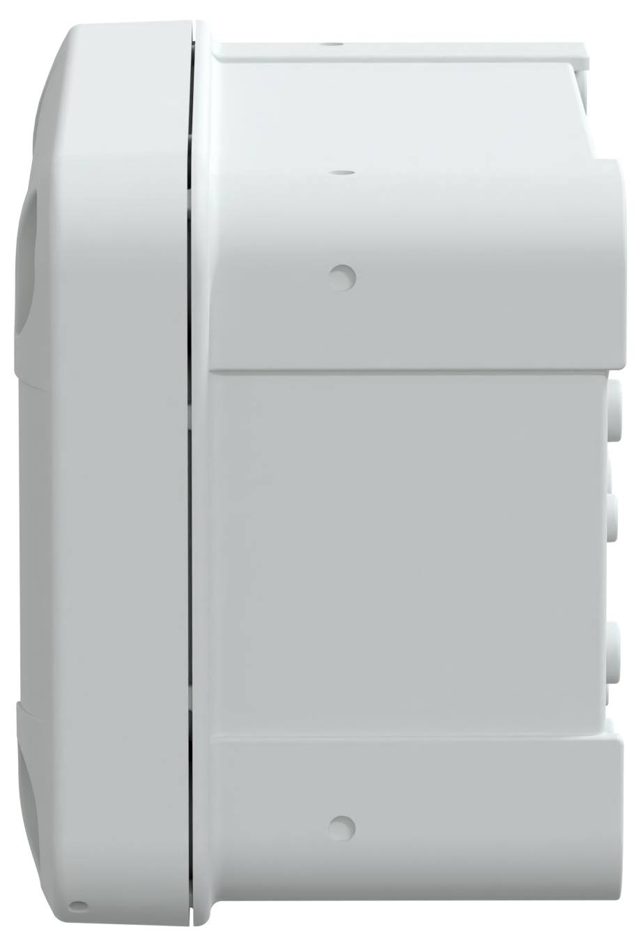 Zijaanzicht van een witte kunststof elektrische verdeeldoos met gesloten deksel, schroeven zichtbaar aan de zijkant voor montage.