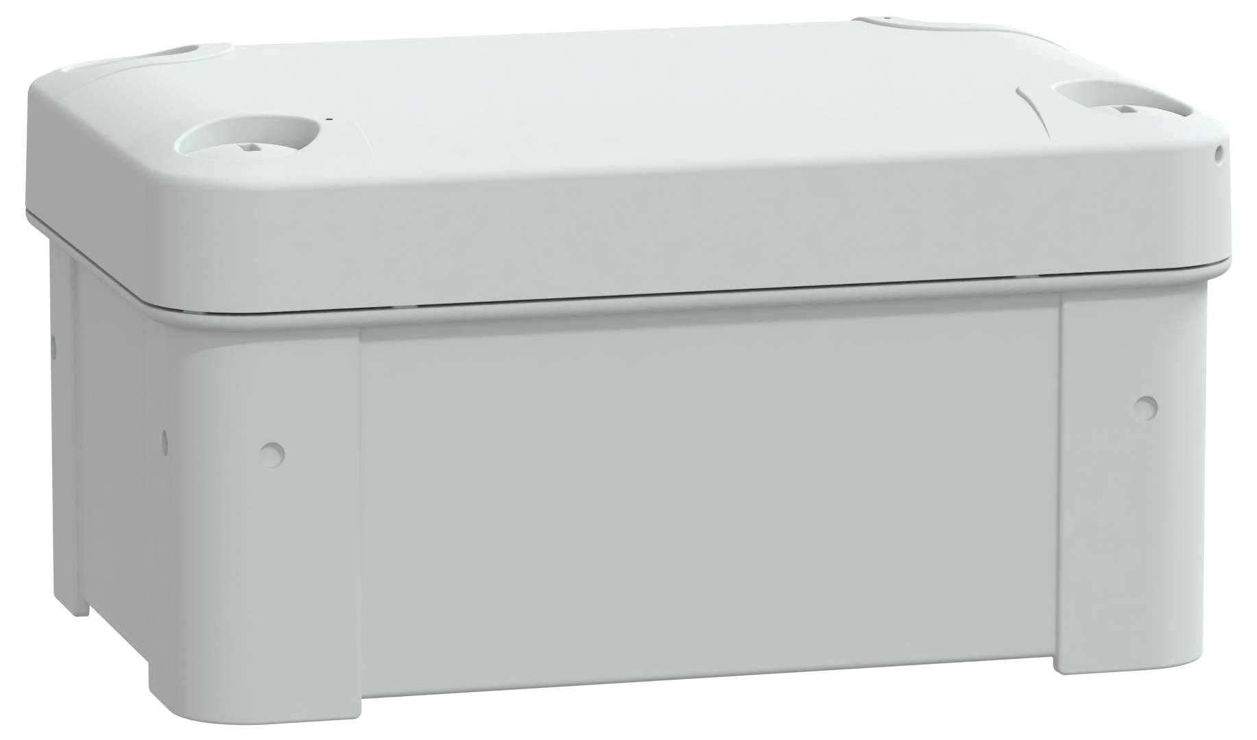 Een witte rechthoekige kunststof behuizing met een deksel, mogelijk bestemd voor elektrische of elektronische componenten, met een eenvoudige vormgeving zonder zichtbare markeringen.