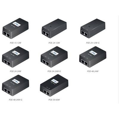 Acht zwarte POE-adapters met verschillende vermogensspecificaties: POE-15-12W, POE-24-12W, POE-24-12W-G, POE-24-24W, POE-24-24W-G, POE-48-24W, POE-48-24W-G, POE-50-60W.