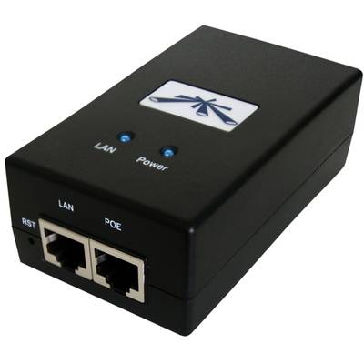 Zwarte Power-over-Ethernet-adapter met twee netwerkaansluitingen en bedrijfsindicatoren voor LAN en stroom.