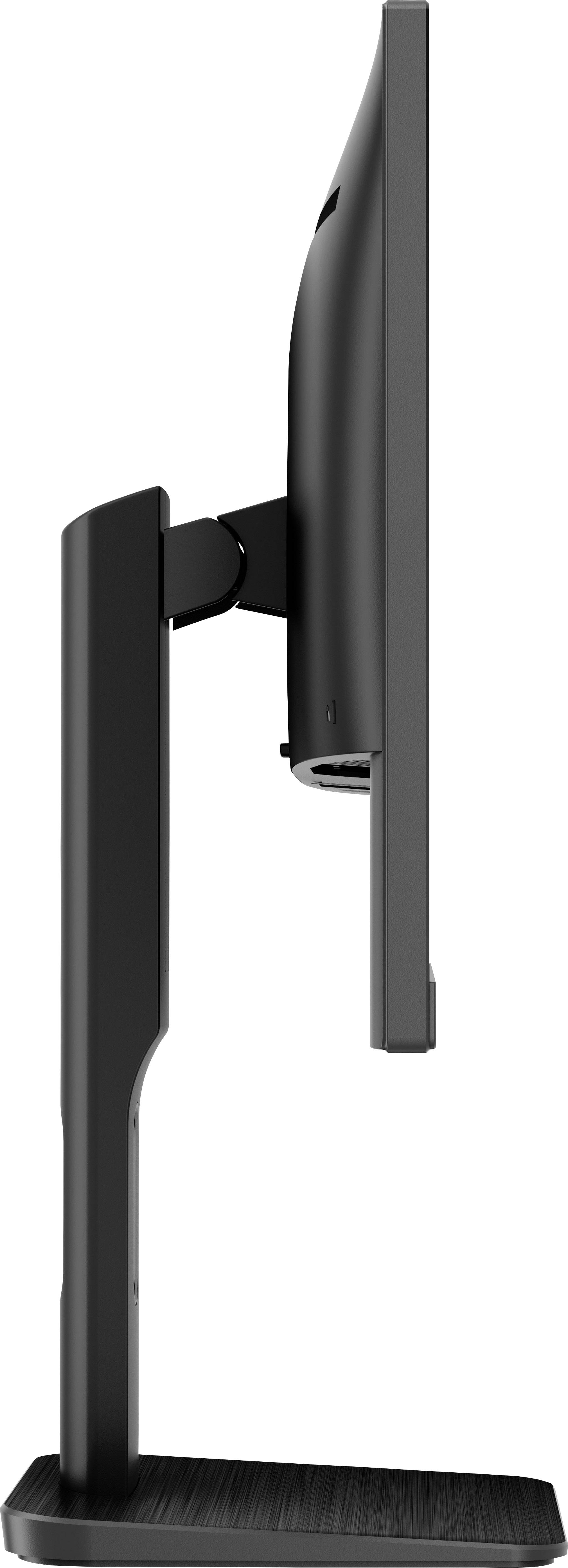 Zijaanzicht van een zwarte computermonitor op een standaard, toont de slanke vormgeving en kantelingsmogelijkheden.