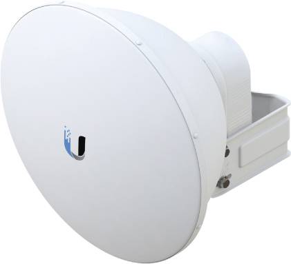 Ronde witte parabolantenne met bedrijfslogo aan de voorkant, gemonteerd op een steun. Bestemd voor datatransmissie.