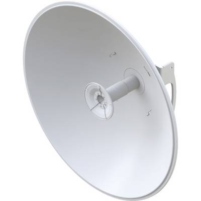 Parabolische antenne van opzij, toont de brede schotel en de centraal gemonteerde ontvangkop. Ideaal voor satellietcommunicatie.