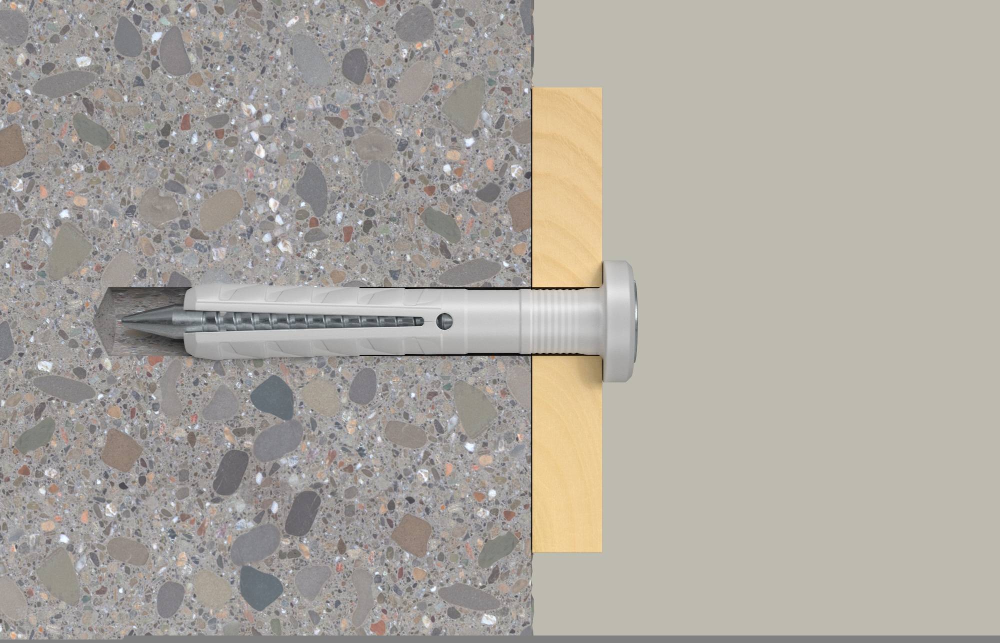 Dwarsdoorsnede van een wandanker dat in een houten blok is geschroefd dat in beton is ingebed, met zichtbaarmaking van de bevestiger die zich in het gat uitbreidt.