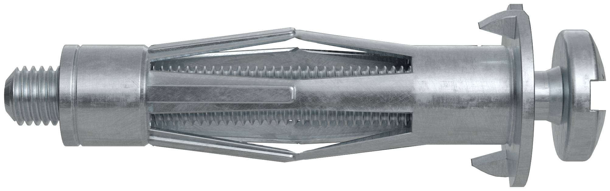Metalen holle-wandige ankerbout met schroefdraad aan het einde en uitzetbare mof, weergegeven in zijaanzicht op een witte achtergrond.