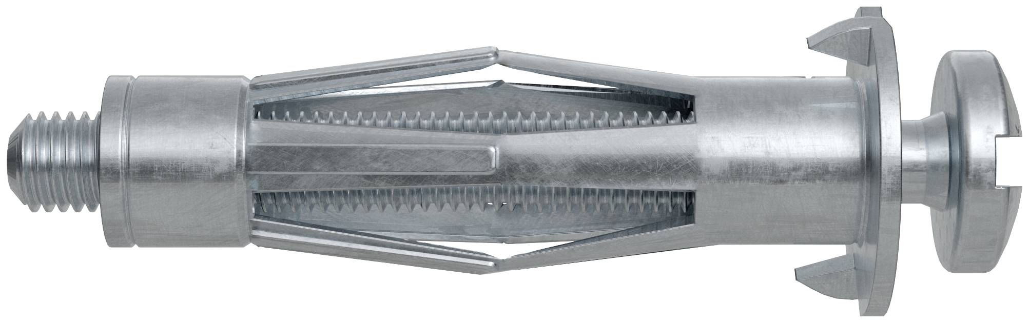 Een zilveren metalen plug met vertakte armen, gebruikt voor wandmontage van zware objecten in holten.